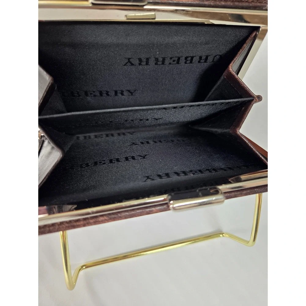 Burberry Nova Check Canvas Leather Bifold Wallet Brown Kiss Lock Coin Pouch